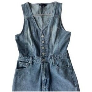 Sincerely Jules Denim Jumpsuit Wide Leg Button Front Sleeveless Women's Size S